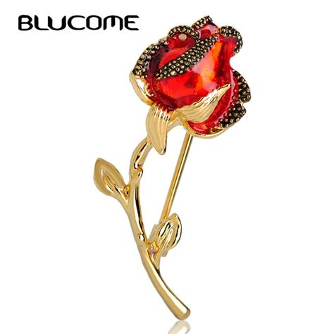 Blucome Enamel Red Rose Brooches For Women Gold Color Wedding Brooch