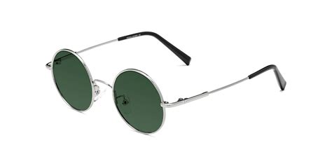 silver narrow flexible round tinted sunglasses with green sunwear lenses melo