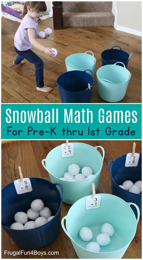 Our kindergarten games encourage children to count and recognize numbers, as well as, identify letters and sounds. Snowball Addition and Subtraction Math Games | Frugal Fun ...