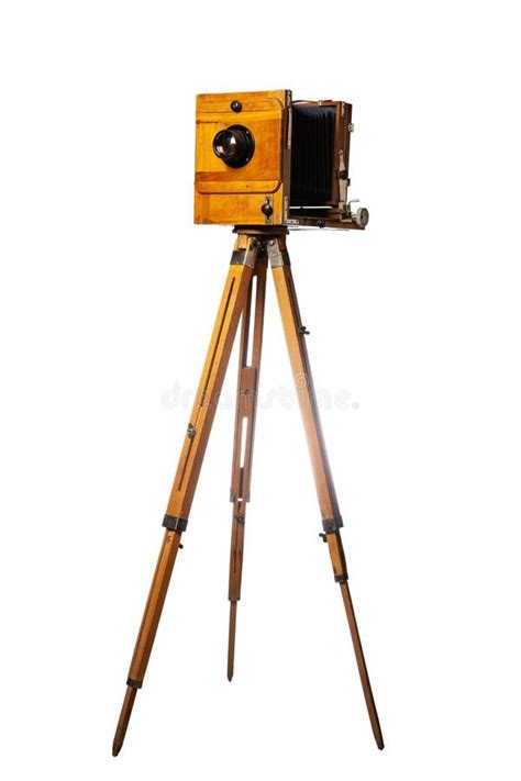 Vintage Wooden Camera On Tripod Isolated On White Background Stock