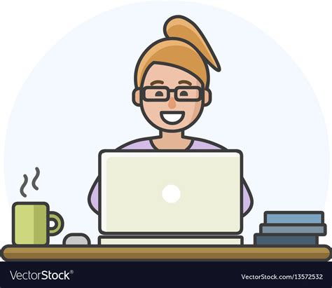 Cartoon Woman Character Working On Computer Vector Image