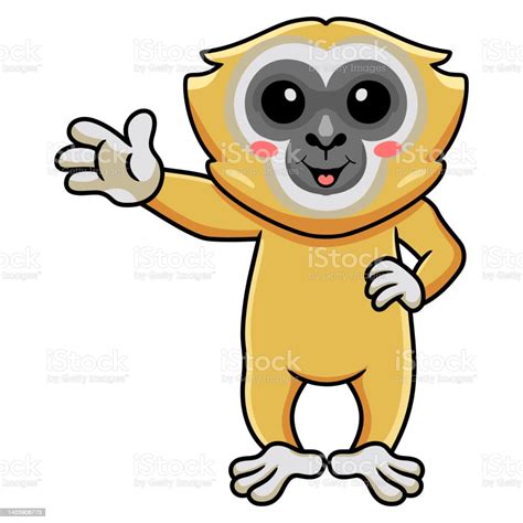 Cute Little Gibbon Cartoon Waving Hand Stock Illustration Download