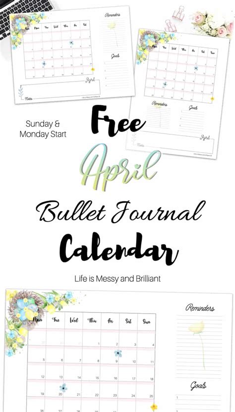 Free April Calendar Printable April Bullet Journal Calendar