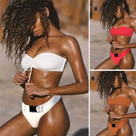 Sexy Bandeau Push Up Swimsuit With Belt Buckle Brazilian Swimwear Summer Solid Beach Wear