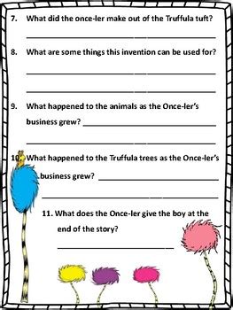 lorax comprehension questions  extension activities tpt