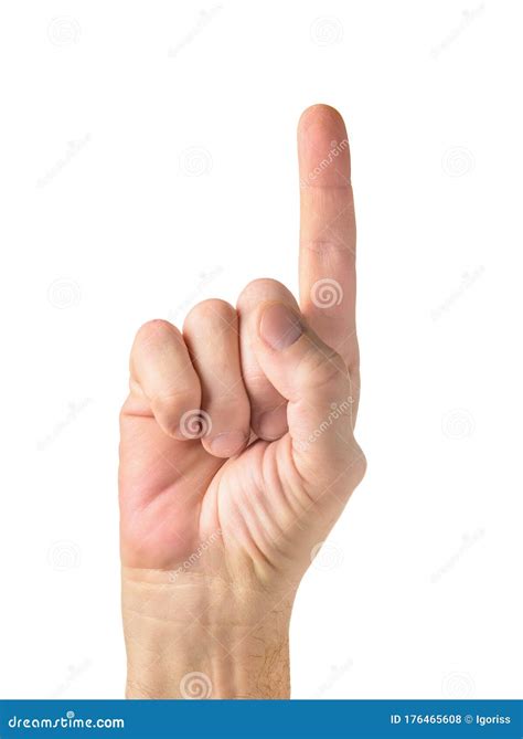 Human Hand Holding Index Finger Up Over White Background Stock Photo