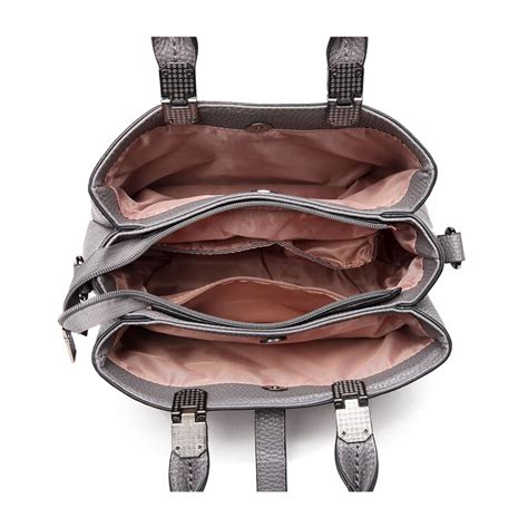 E1751 Miss Lulu Leather Look Multi Compartment Pom Pom Shoulder Bag Grey