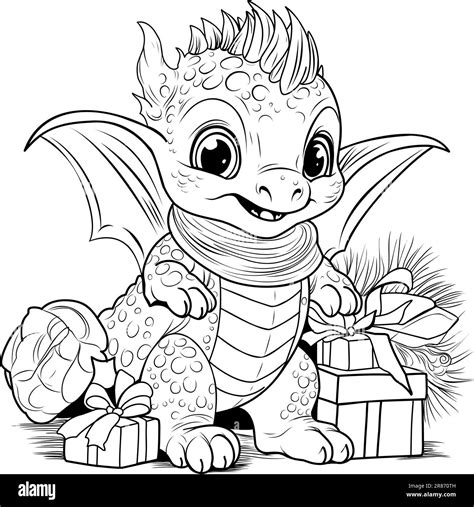 Dragon coloring book. Coloring page simple line illustration of little