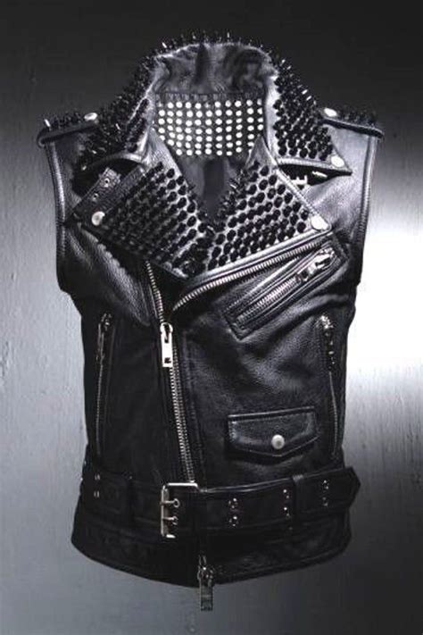 Black Leather Vest Black Studs Handmade Men Black Punk Silver Etsy