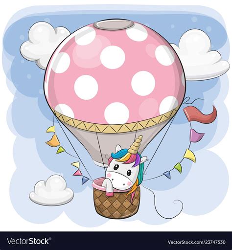 Cute Unicorn Is Flying On A Hot Air Balloon Vector Image Hot Air