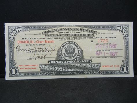 Sold Price Series Of 1917 Postal Savings System One Dollar October 4