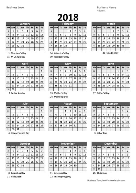 2018 Yearly Business Calendar With Week Number Free Printable Templates