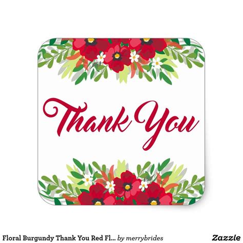 Floral Burgundy Thank You Red Flowers Square Sticker