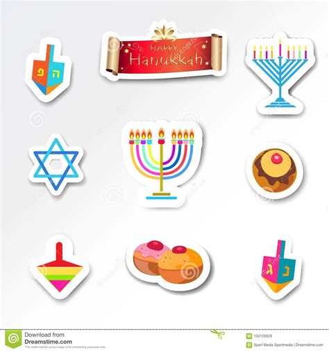 Hanukkah Traditional Symbols Set Menorah Dfeidel Donut Stock Vector