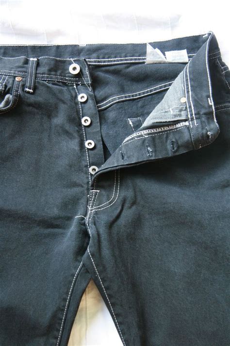 Mens Rivet Button Fly Jeans 32 Waist Leg 30 Black Denim Italy Straight