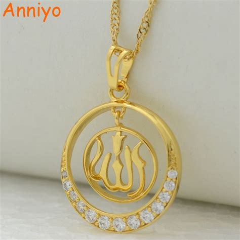 Anniyo High Quality Cubic Zirconia Allah Pendant Necklace Islam Arabic Jewelry Women Gold Color