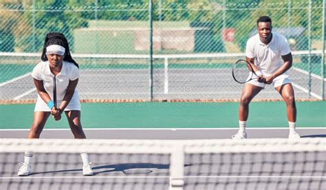 Tennis Teamwork And Portrait Of Black Couple On Court For Match Game
