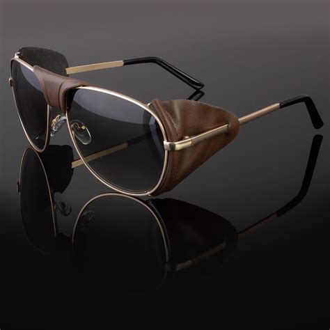 Faux Leather Bridge Eye Shield Aviator Sunglasses Classic Motorcycle Side Wind