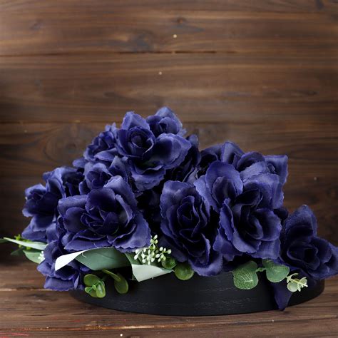 12 Bushes 84 Pcs Navy Blue Artificial Silk Rose Flowers With Green