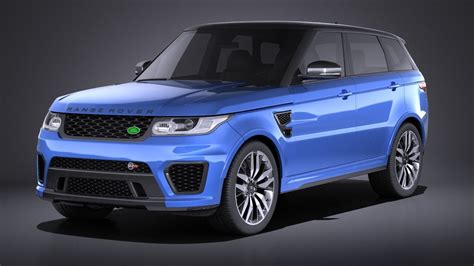 The front end houses a larger front bumper with larger intakes, the rear end houses dual sport exhaust tips, a roof spoiler, a rear diffuser. 3D model Land Rover Range Rover Sport SVR 2017 VRAY