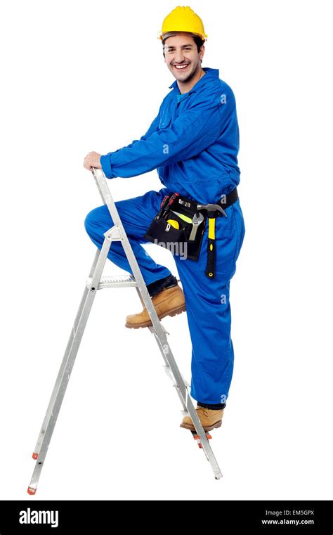 Construction Worker Climbing Up The Step Ladder Stock Photo Alamy