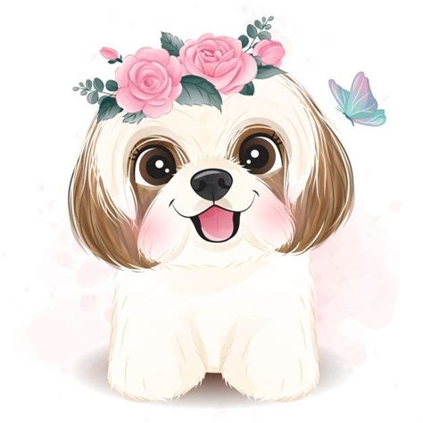 cute  shih tzu  floral illustration