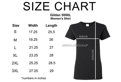 Size Chart Gildan 5000l Mock Up Shirt White Background Ladies Womens