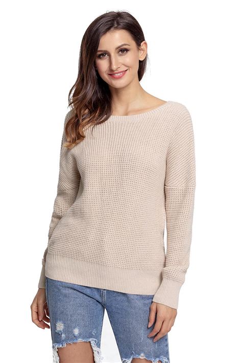 3199 Asvivid Womens Long Sleeve Criss Cross V Neck Knitted Sweater Backless Loose Jumper