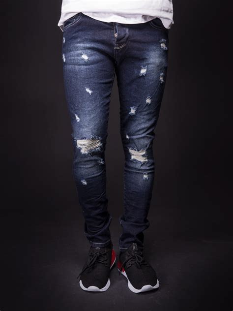 2y Men Slim Fit Here And There Ripped Destroyed Jeans Dark Blue