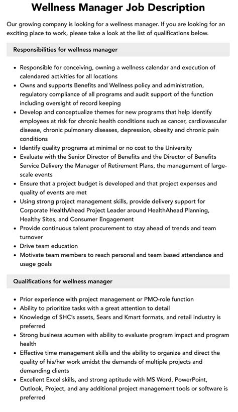 Wellness Manager Job Description Velvet Jobs