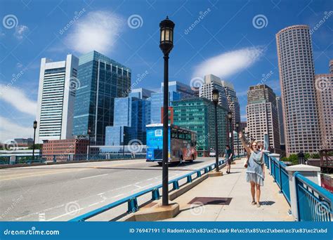 Boston Skyline From Seaport Boulevard Bridge Massachusetts Usa