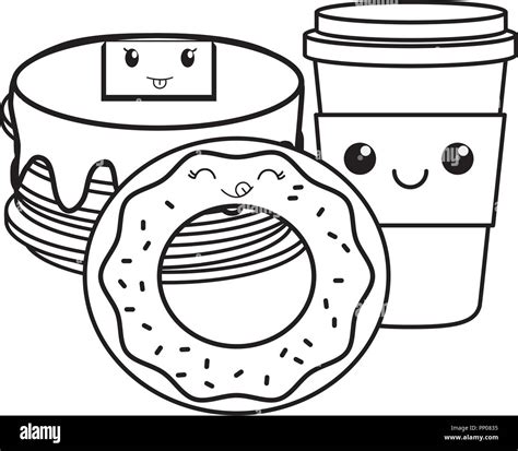 Kawaii Pancakes With Donut And Coffee Cup Over White Background Vector