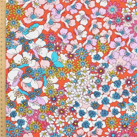 100 Viscose Fabric With Flowers Orange