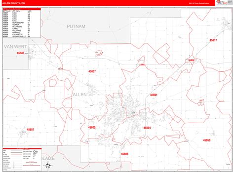 Allen County Oh Zip Code Wall Map Red Line Style By Marketmaps Mapsales