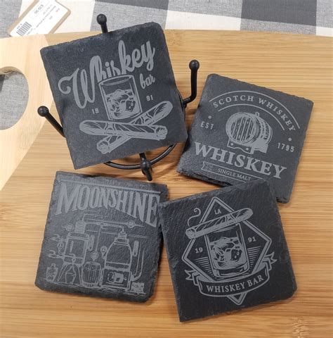 Custom Engraved Slate Coasters Set Of 4 With Black Metal Stand Whiskey Theme Moonshine Cigars