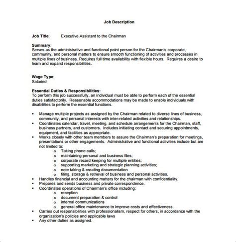 To assist in the development, performance and maintenance of the financial activities of the organisation. 10+ Executive Assistant Job Description Templates - Free ...