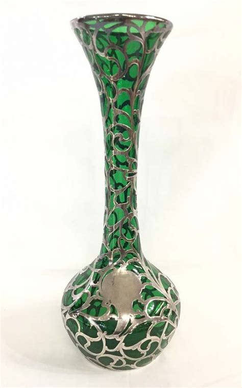 Antique Silver Overlay Green Glass Vase
