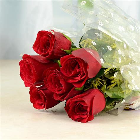 6 Pcs Of Red Roses Bunch Flowers On Valentines Day