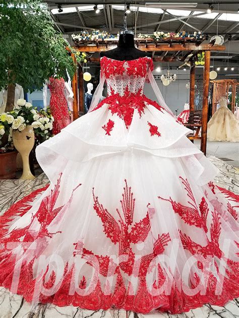 Red And White Wedding Dress Long Sleeve Off Shoulder