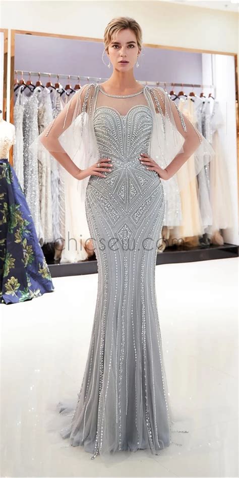 Gorgeous Half Sleeves Beaded Mermaid Long Evening Prom Dresses Xdm1147