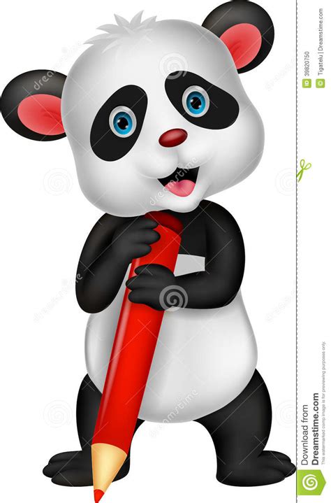Cute Panda Bear Cartoon Holding Red Pencil Stock Vector