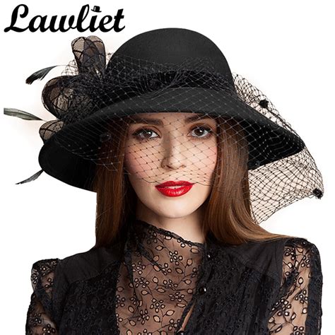 Black Women Wool Floral Veil Netting Feather Wide Brim Derby Hat Floppy