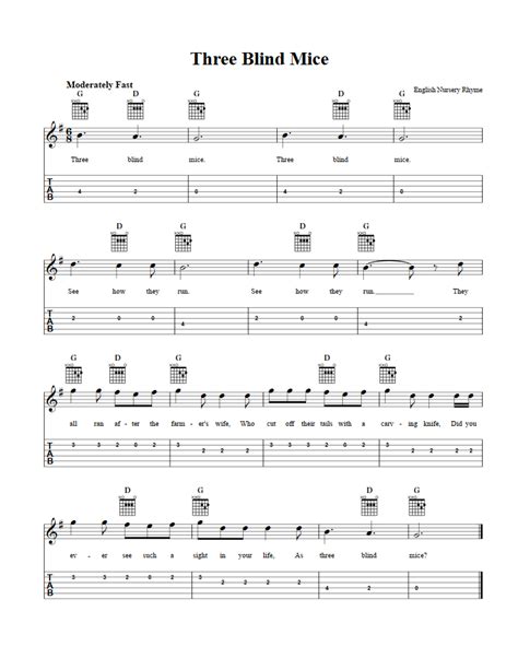 Three Blind Mice Easy Guitalele Sheet Music And Tab With Chords And