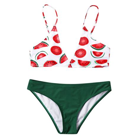 Women Watermelon Print Plunging Bikini Set Wire Free Padded Low Waist