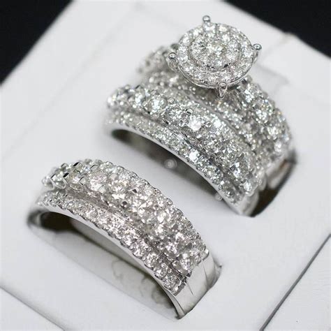 Diamond Trio Set His Her Matching Engagement Wedding Ring 10k White