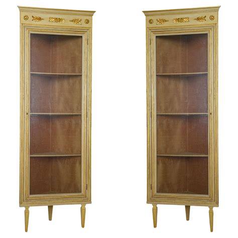 Pair Of 1940s Curved Glass Demilune Form Mahogany Corner China Cabinets