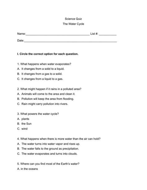 Water Cycle Quiz Worksheet Water Cycle Science Quiz Quiz