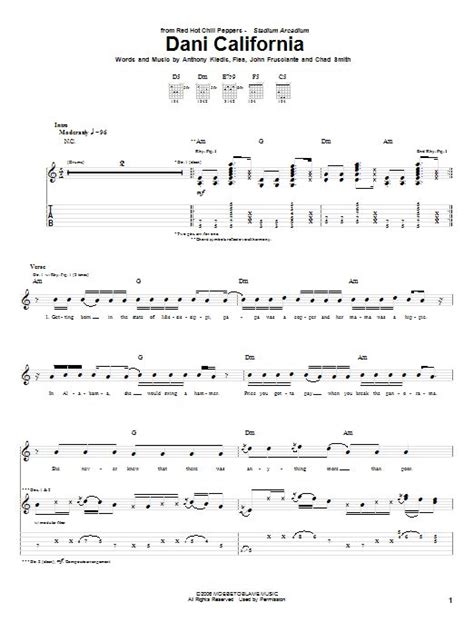 Red Hot Chili Peppers Dani California Sheet Music And Printable Pdf