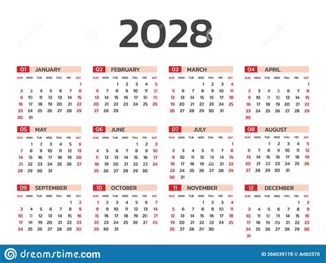 Calendar 2028 Year Vector Illustration Set Of 12 Calendar Week Starts