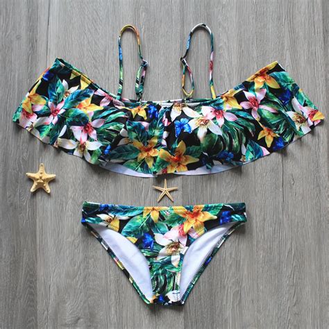 Women Swimwear Lotus Leaf Bikinis 2017 Flower Print Off Shoulder Bikini Set Sexy Push Up